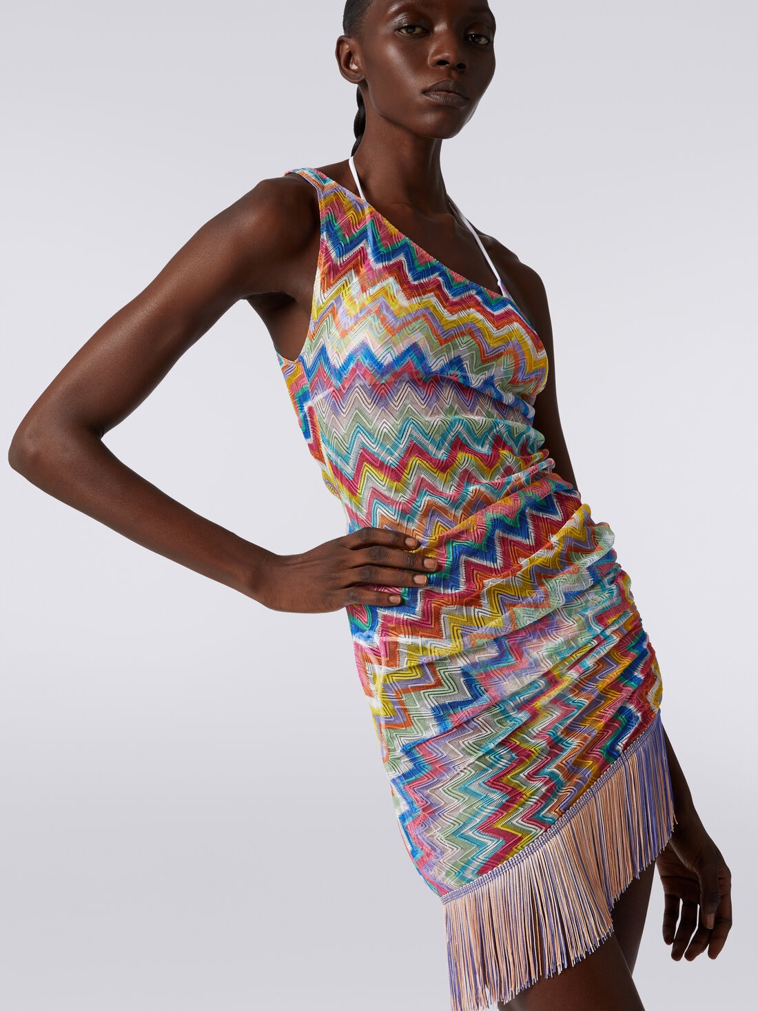 Short one-shoulder cover-up with fringes and side gathers, Multicoloured  - MS24SQ2KBR00XPSM9DM - 4