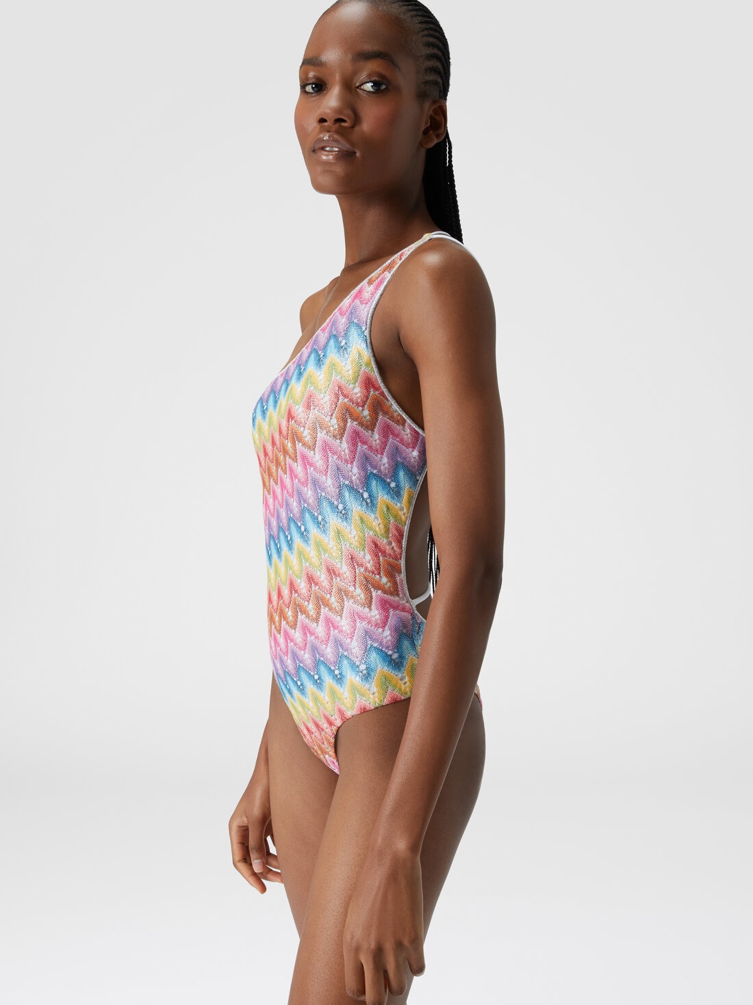 One shoulder swimsuit in coated lace Multicoloured Missoni