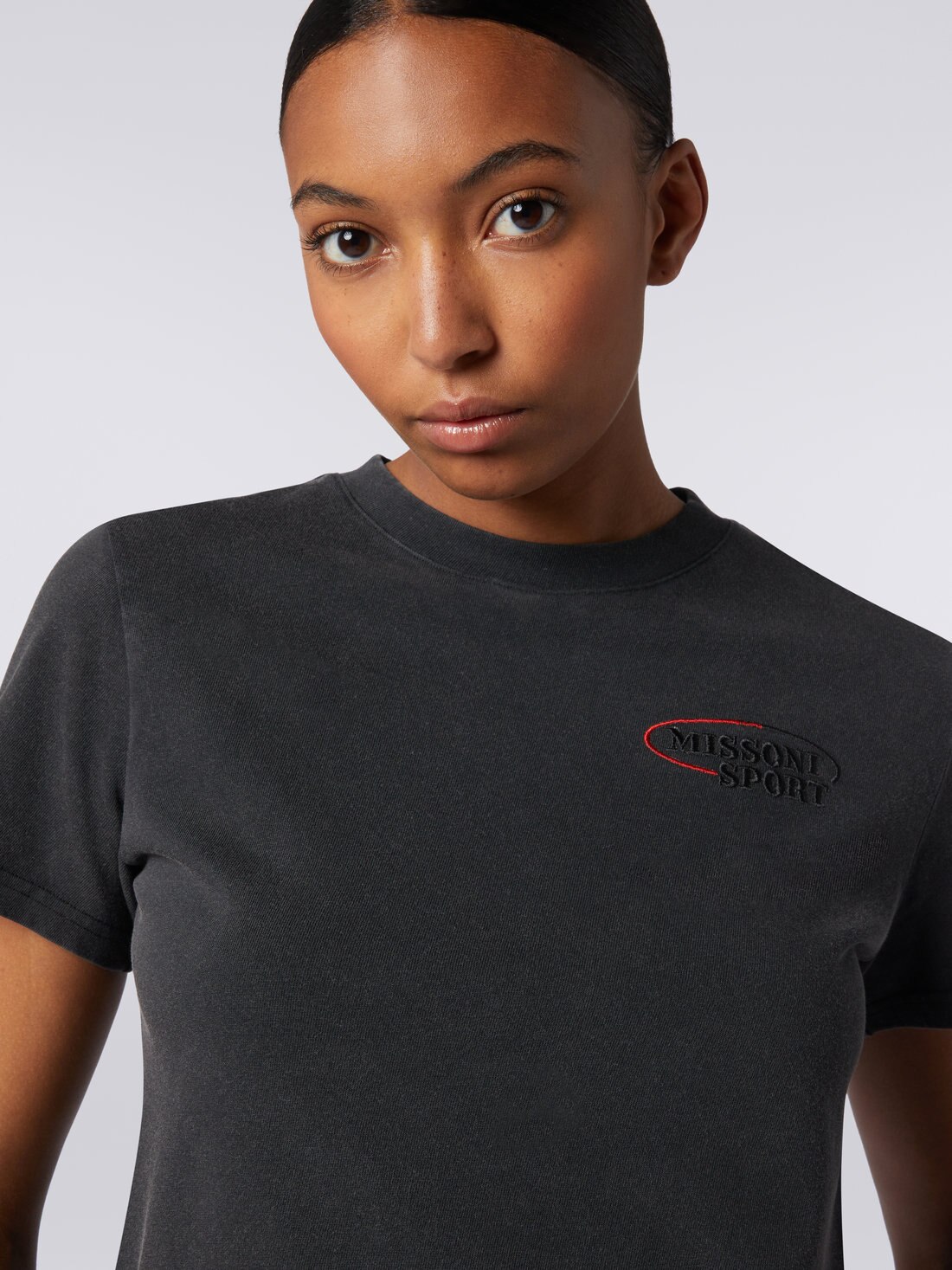 Cropped cotton jersey T-shirt with embroidered logo , Grey - 4