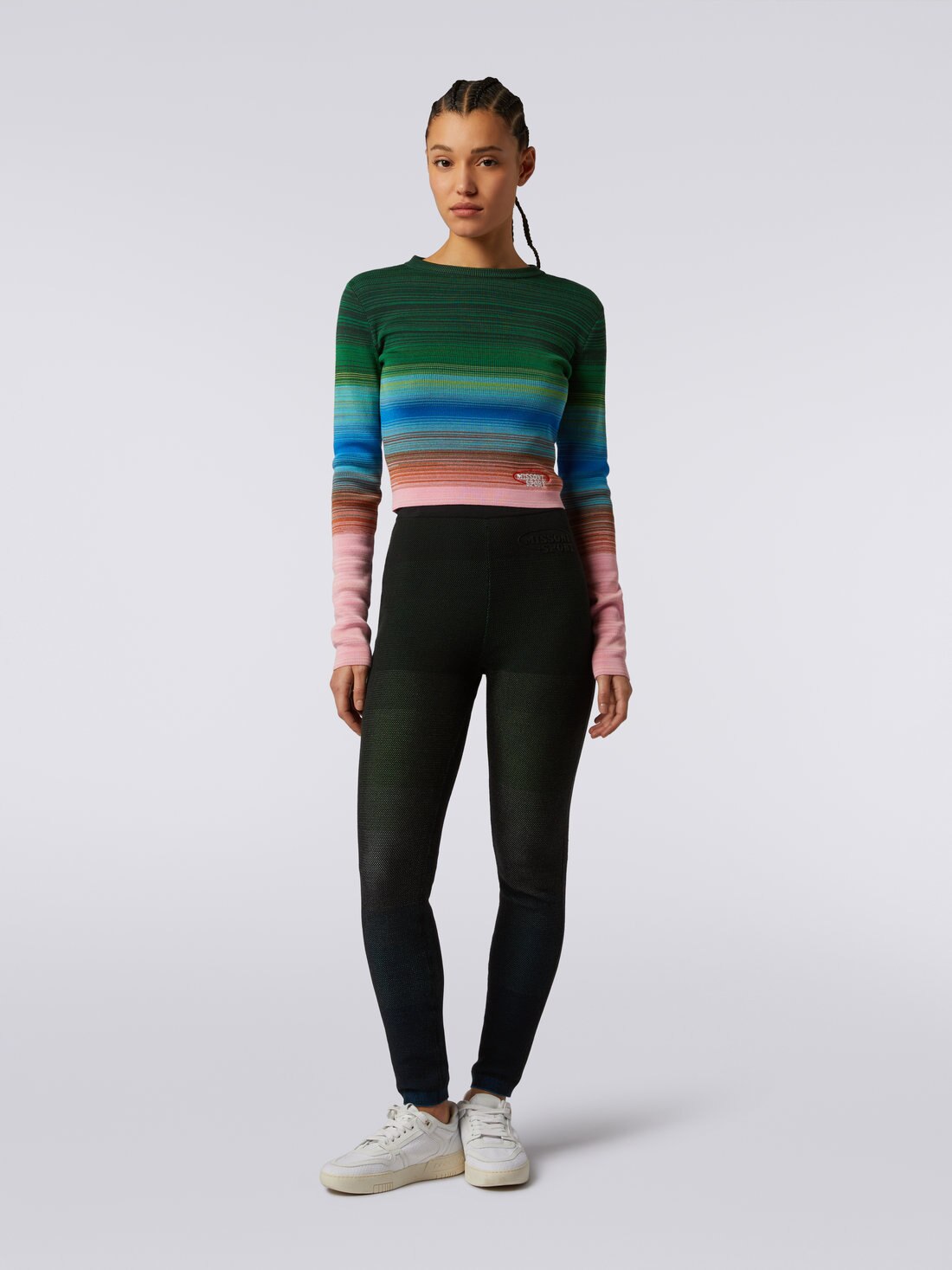 Long sleeved crew neck jumper in striped cotton and viscose