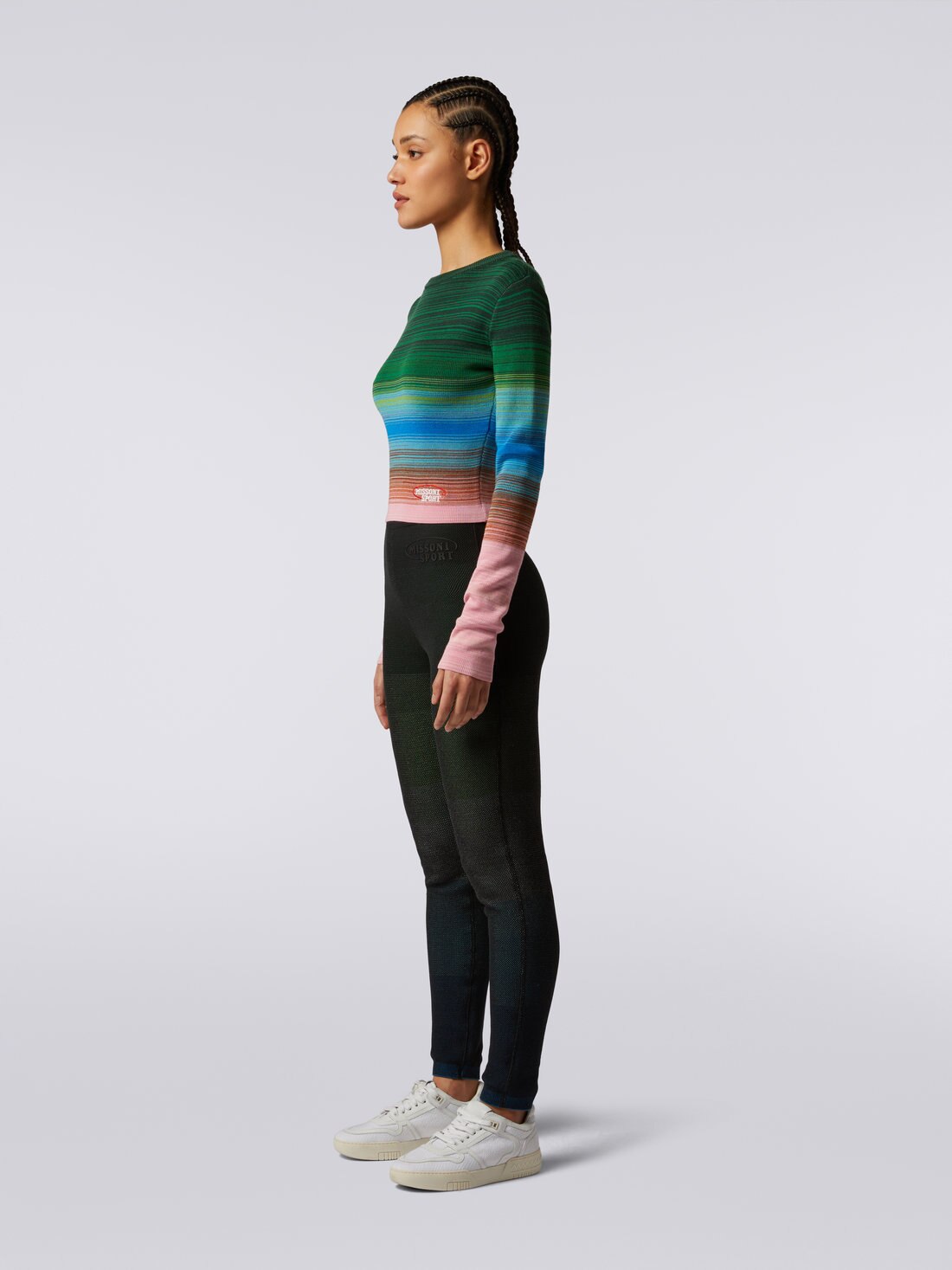 Long-sleeved crew-neck jumper in striped cotton and  viscose, Multicoloured  - SS23WN01BK027WSM91W - 2