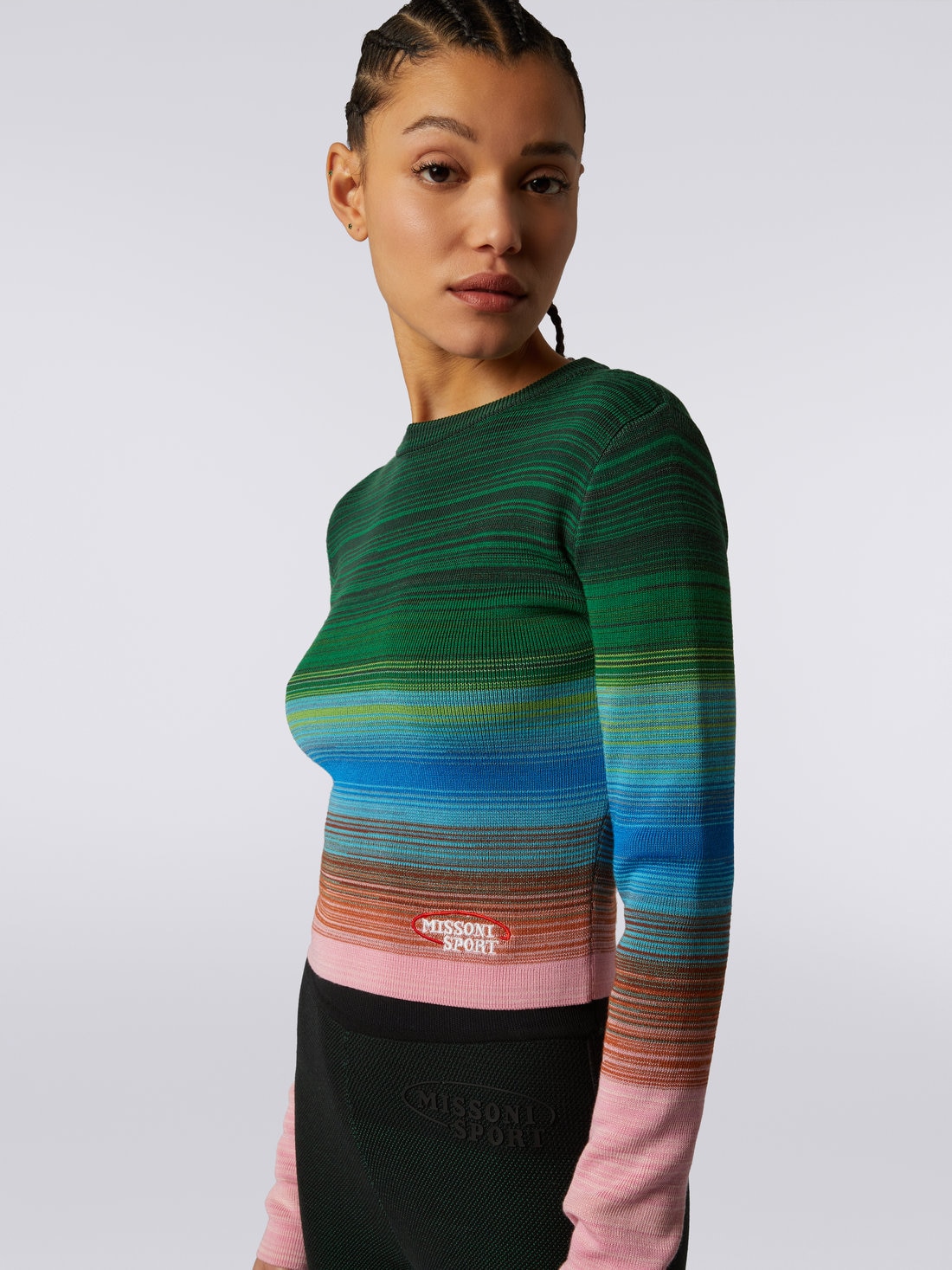 Long-sleeved crew-neck jumper in striped cotton and  viscose, Multicoloured  - SS23WN01BK027WSM91W - 4