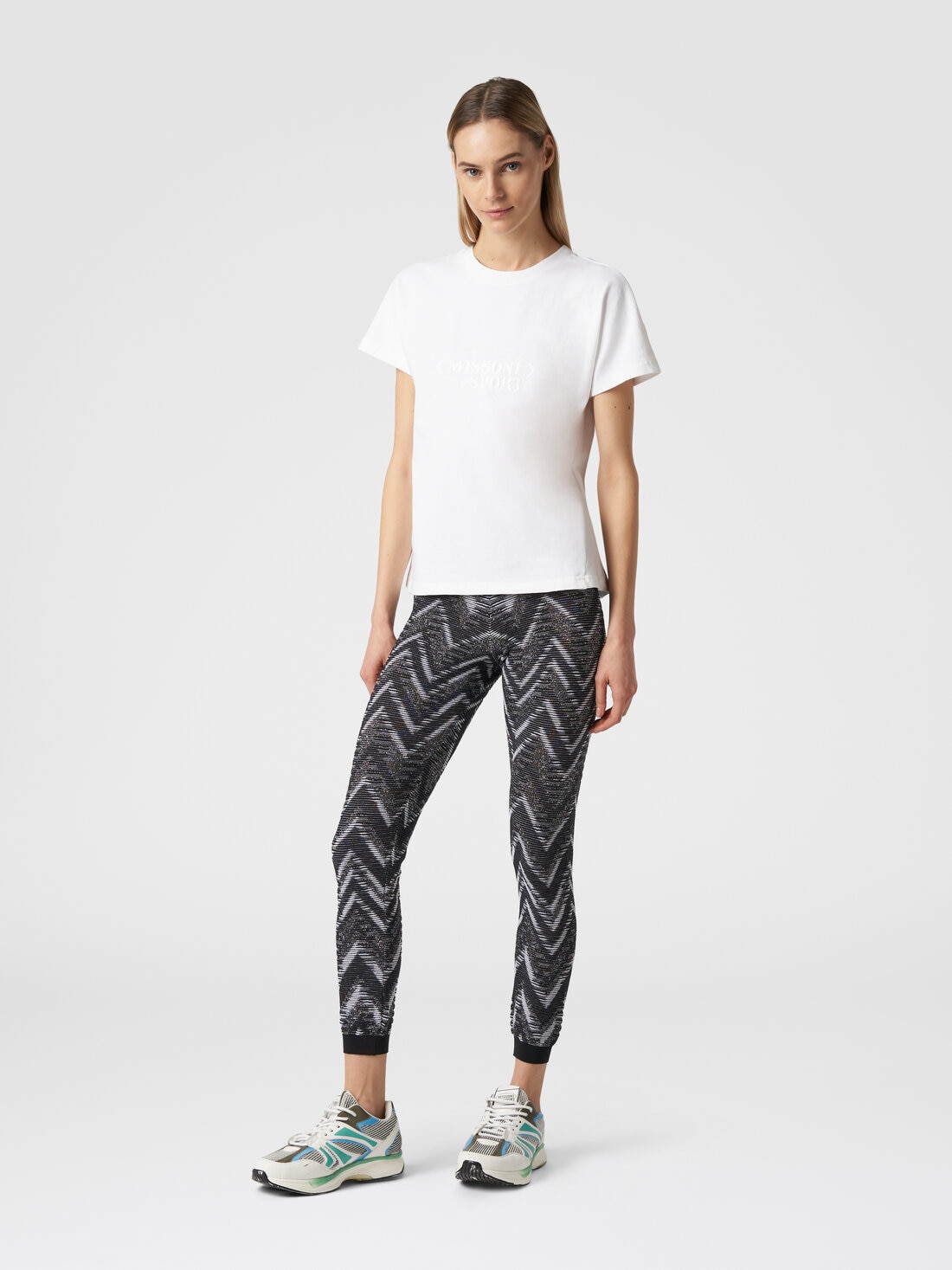 Leggings in maglia con lurex e logo, Bianco & Nero - SS24SI0ABK034CS91J9 - 1