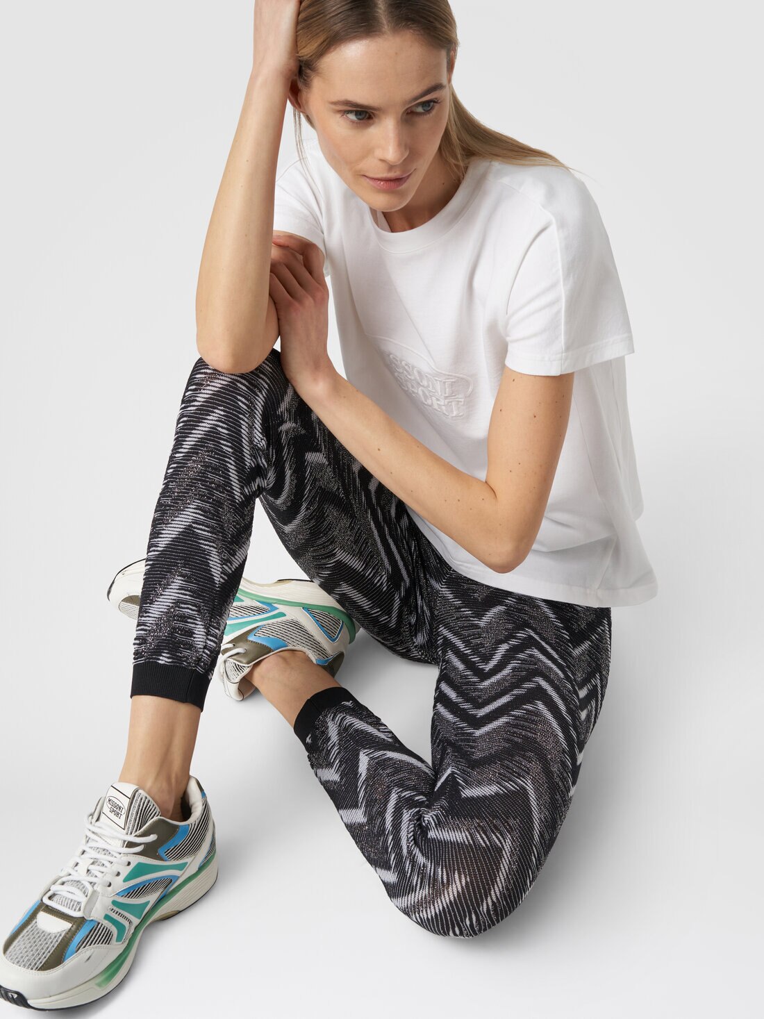 Leggings in maglia con lurex e logo, Bianco & Nero - SS24SI0ABK034CS91J9 - 3