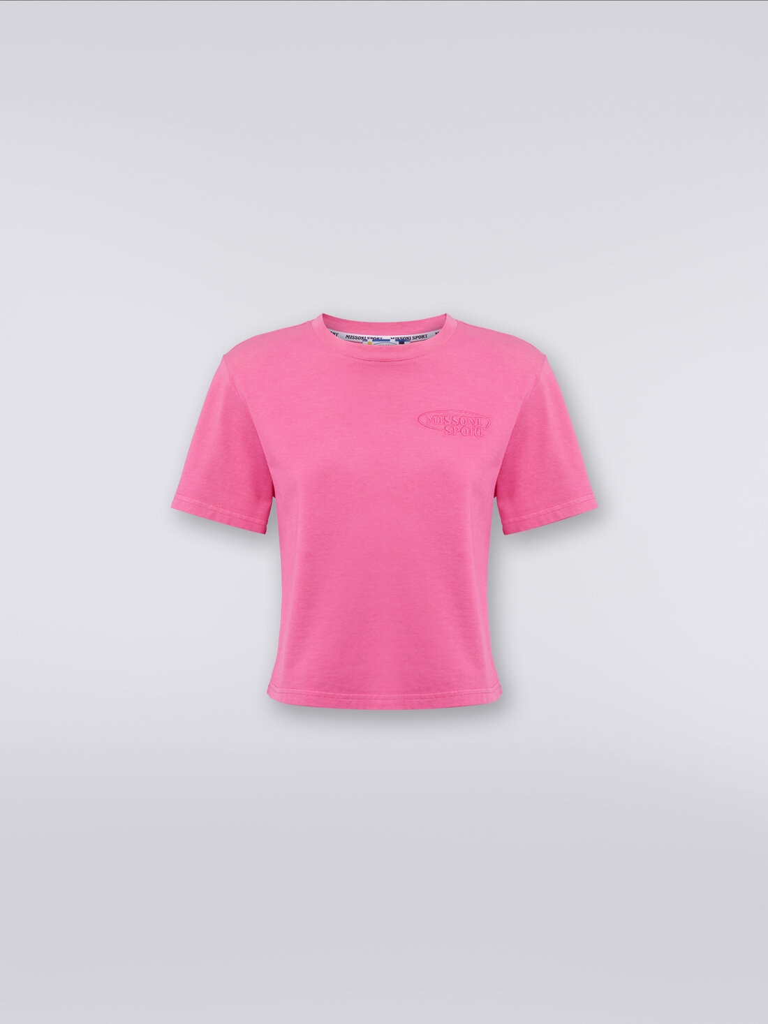 Camiseta de cuello redondo crop de algodón con logotipo, Rosa   - SS24SL00BJ00GYS30CY - 0