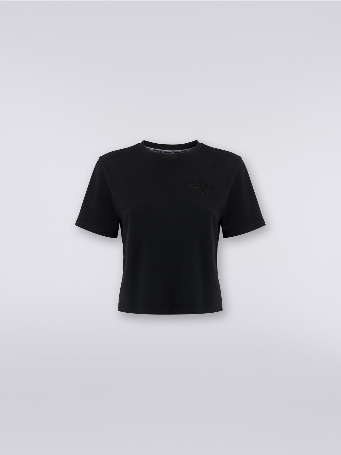 Kurzes Baumwoll-T-Shirt mit Rundhalsausschnitt und Logo, Schwarz    - SS24SL00BJ00GYS91J4 - 0