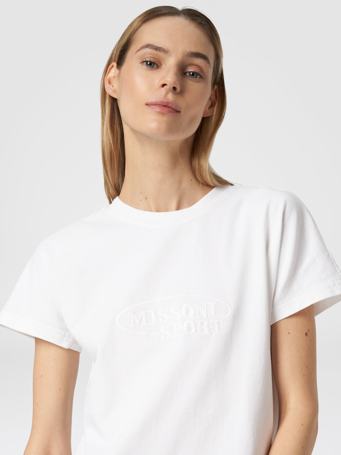 Baumwoll-T-Shirt mit Rundhalsausschnitt und Logo, Weiß  - SS24SL01BJ00GYS01BL - 4