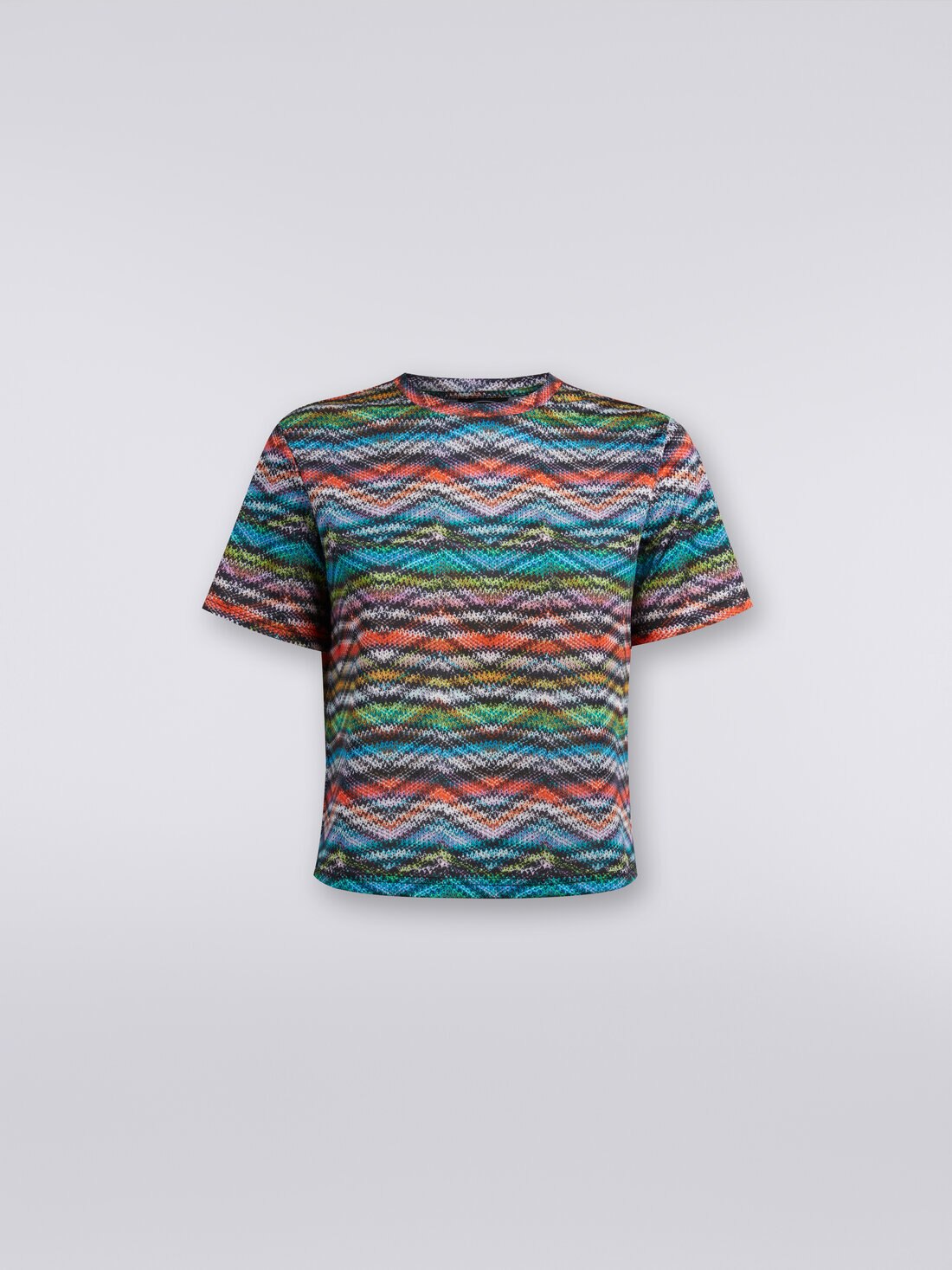 T-Shirt aus bedrucktem, elastischem Nylon, Mehrfarbig  - SS24SL04BJ00IWSM9AA - 0