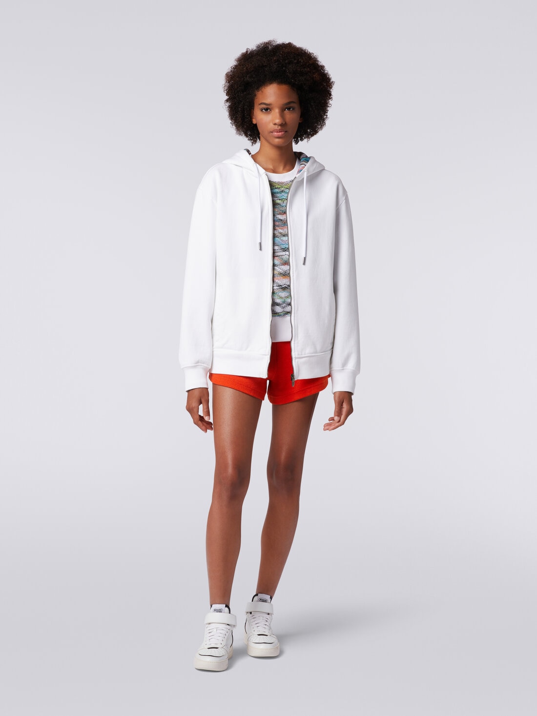 Cardigan in cotton fleece with knitted lined hood, White  - SS24SW00BJ00H0S01BL - 1