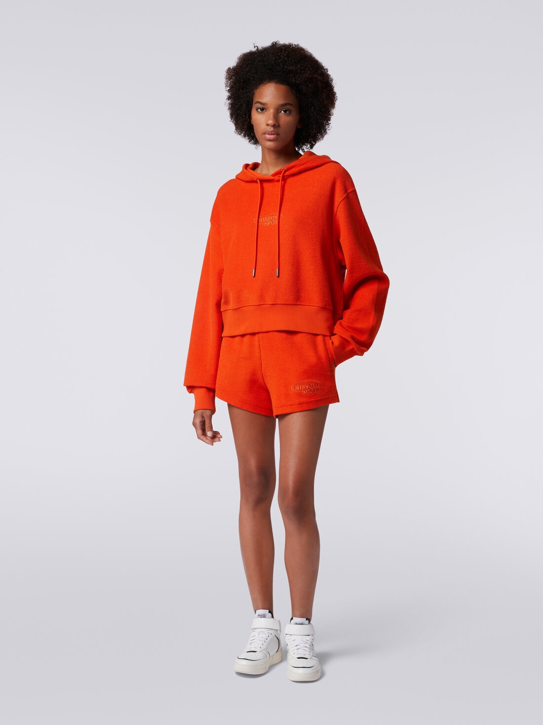 Crop brushed fleece sweatshirt with hood and logo, Orange - SS24SW01BJ00IJS207S - 1