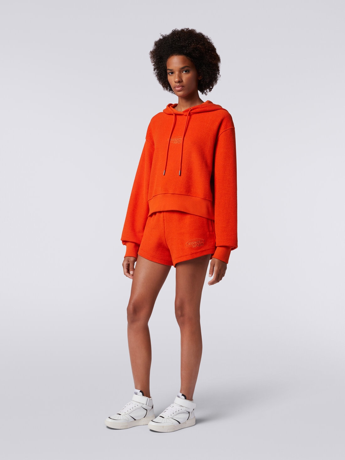 Crop brushed fleece sweatshirt with hood and logo, Orange - SS24SW01BJ00IJS207S - 2
