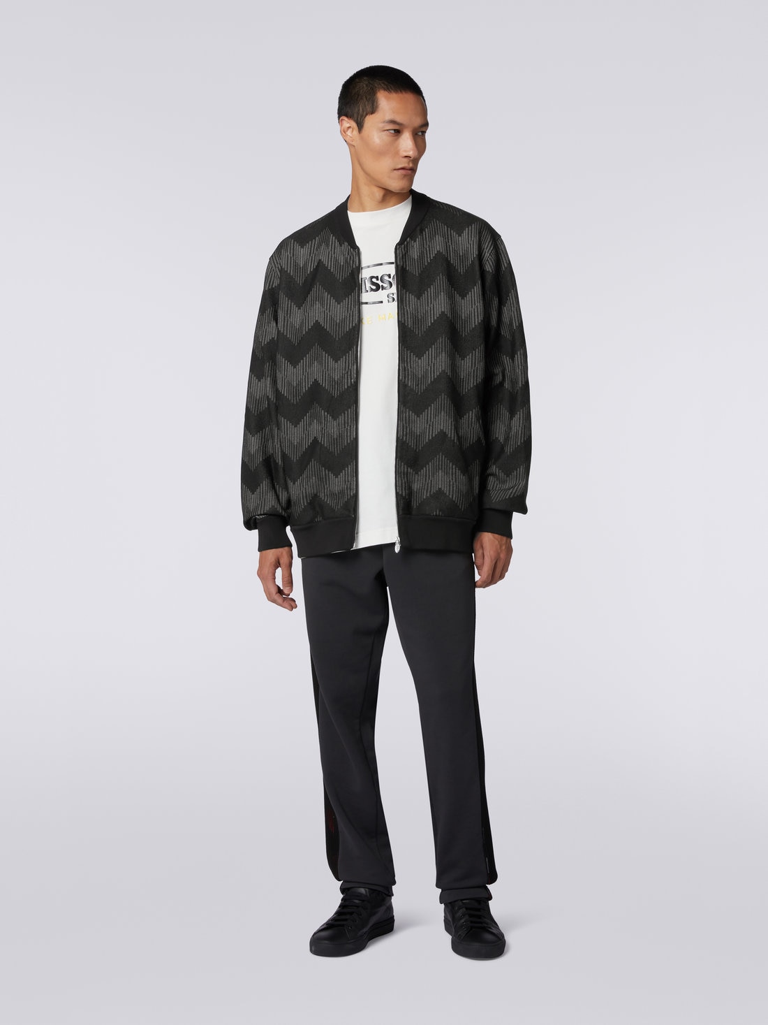 Cotton blend zigzag bomber jacket in collaboration with Mike Maignan, Black & White - TS23SC04BK031NS91IB - 1