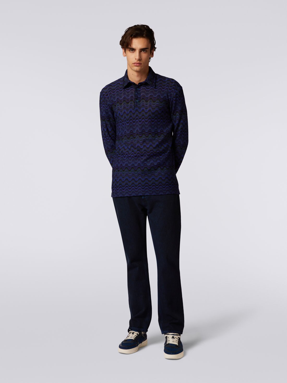 Viscose blend polo shirt with Greek fret pattern, Multicoloured  - TS23W200BR00SBSM8WP - 1