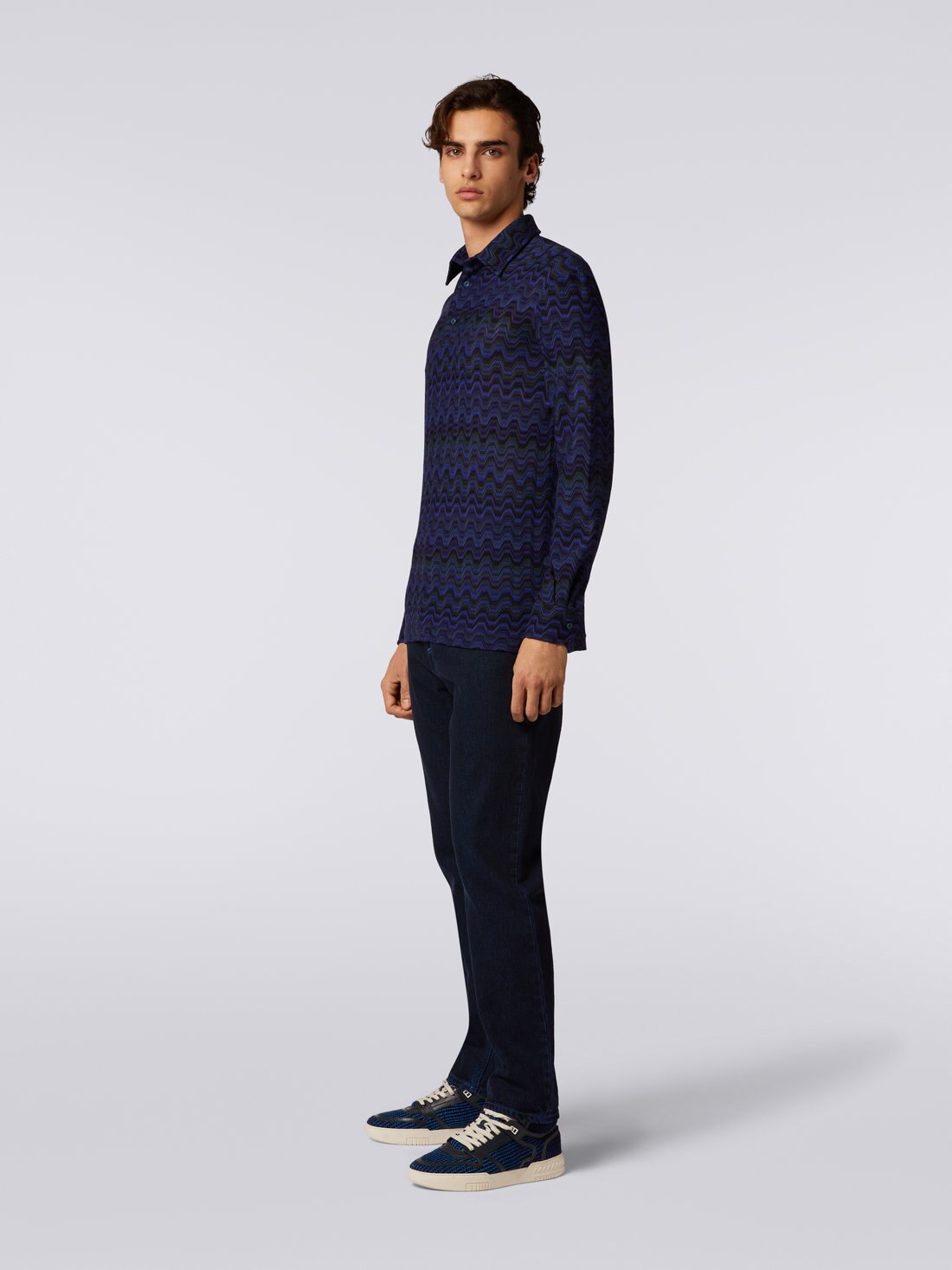 Viscose blend polo shirt with Greek fret pattern, Multicoloured  - TS23W200BR00SBSM8WP - 2