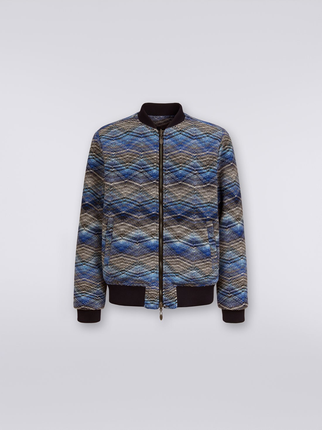 Wool blend bomber jacket with zigzag pattern, Blue - TS23WC04BC003QS72BG - 0