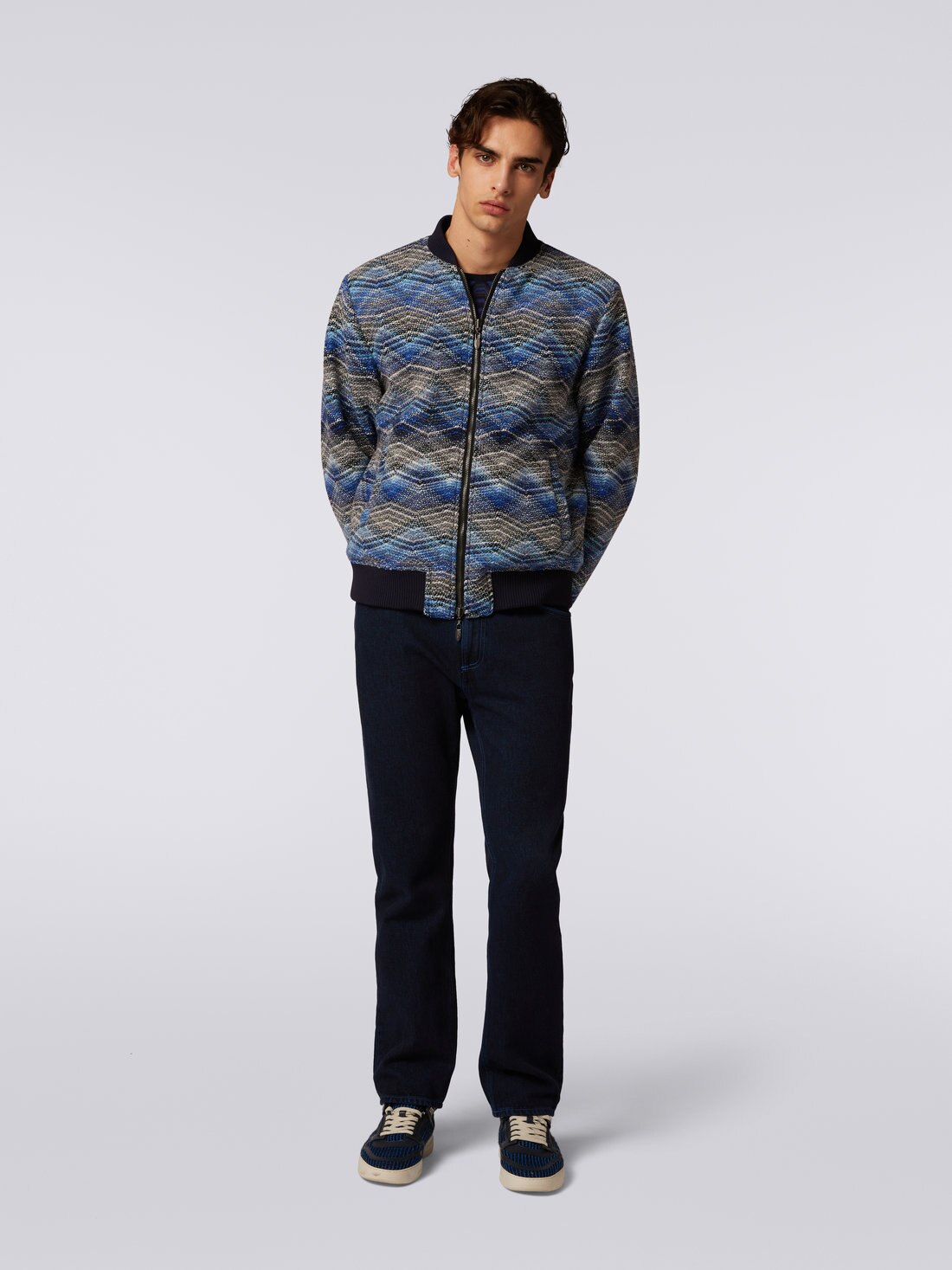 Wool blend bomber jacket with zigzag pattern, Blue - TS23WC04BC003QS72BG - 2