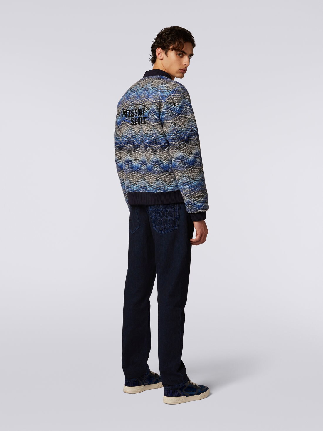 Wool blend bomber jacket with zigzag pattern, Blue - TS23WC04BC003QS72BG - 4