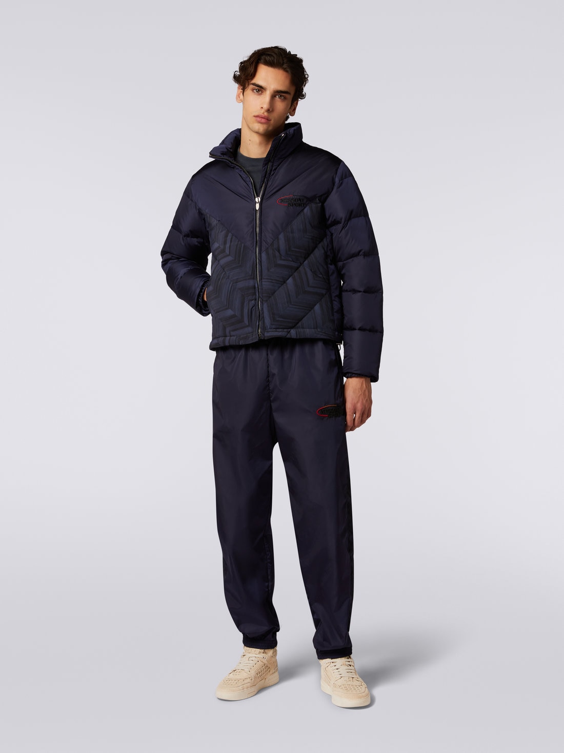 Padded quilted jacket with chevron inserts and logo, Blue - TS23WC0ABW00OWS72BW - 1