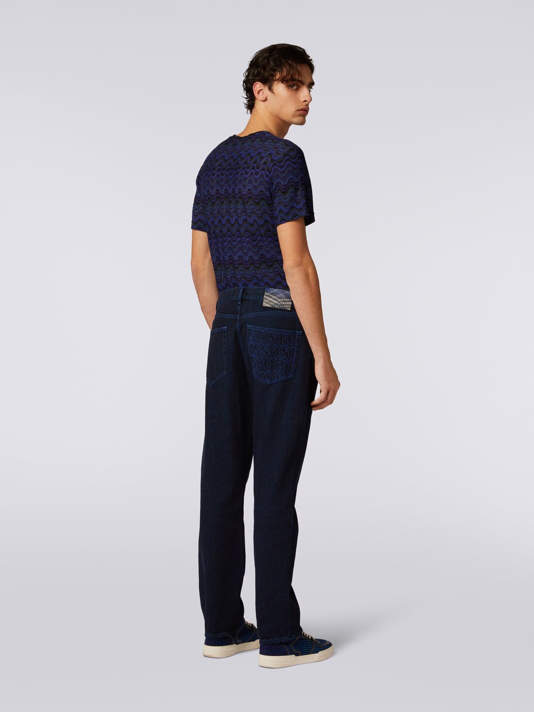 Five-pocket denim trousers with embroidered logo, Blue - 3