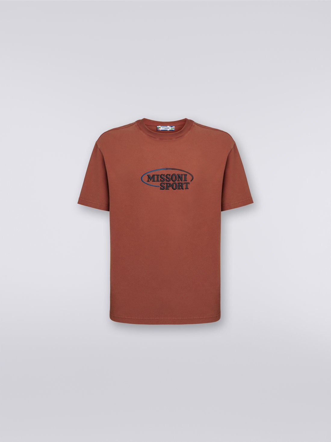 Cotton knit crew-neck T-shirt with logo, Rust - 0
