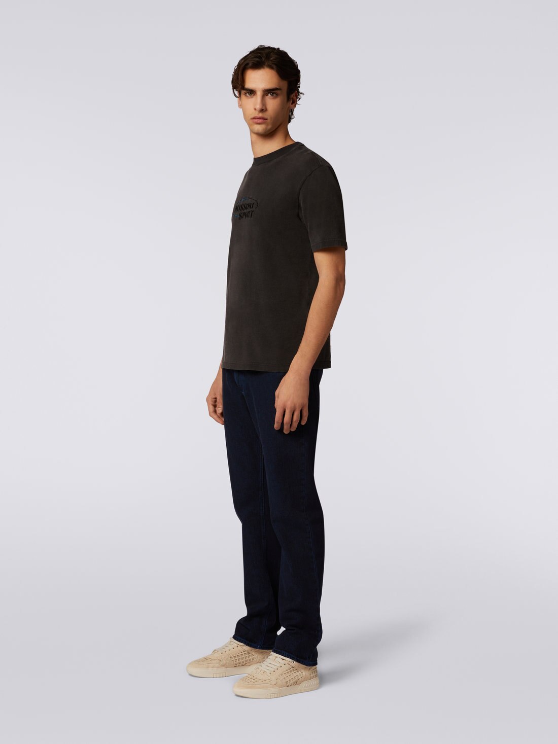 Cotton knit crew-neck T-shirt with logo, Grey - 8051575926686 - 2