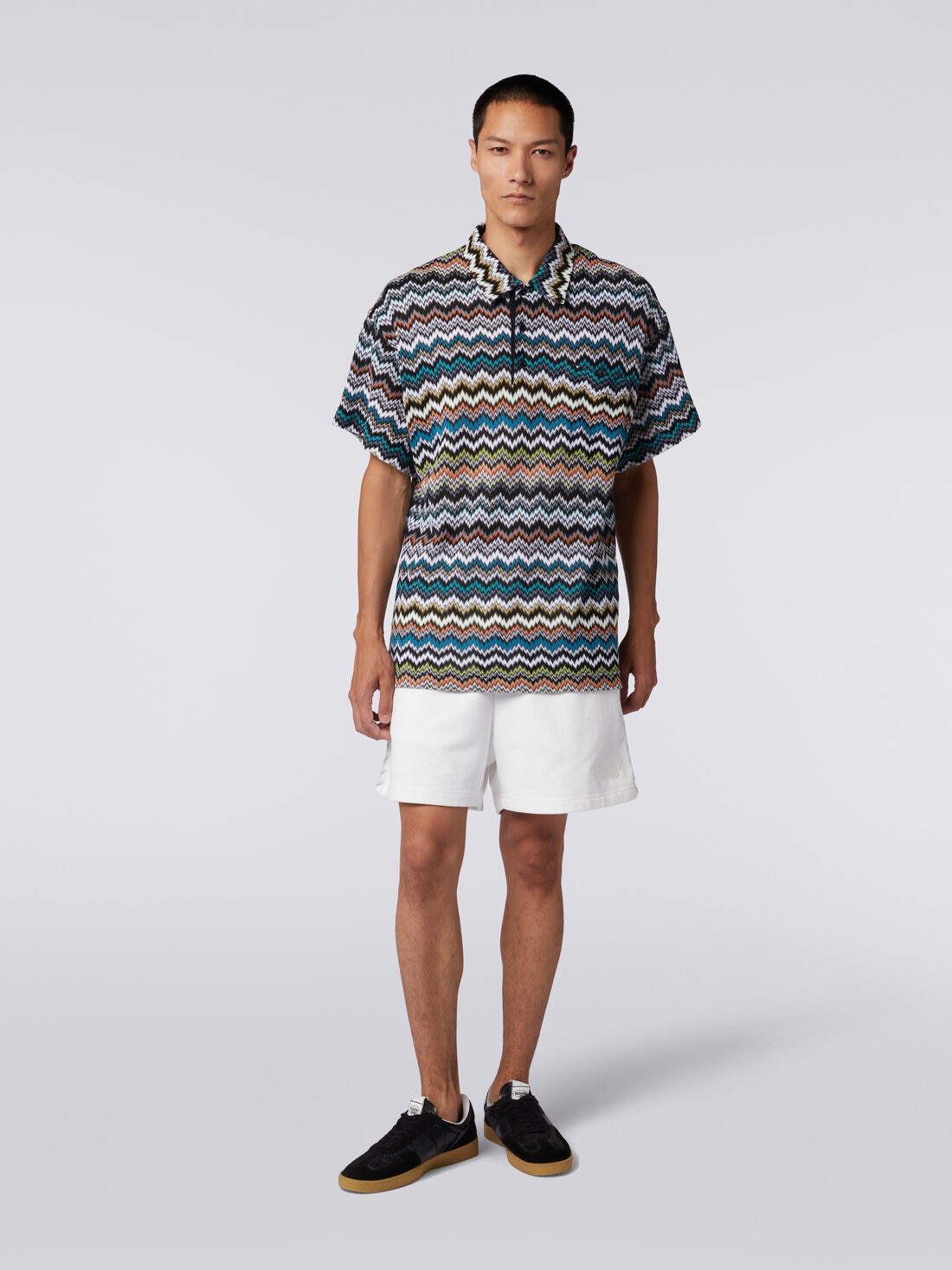 Polo shirt in zigzag cotton and viscose knit, Multicoloured  - TS24S201BR00UUSM9AX - 1