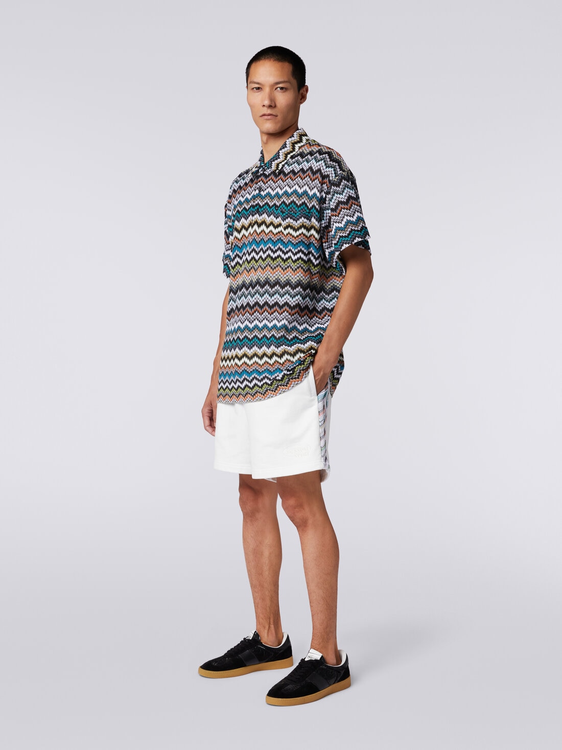 Polo shirt in zigzag cotton and viscose knit, Multicoloured  - TS24S201BR00UUSM9AX - 2