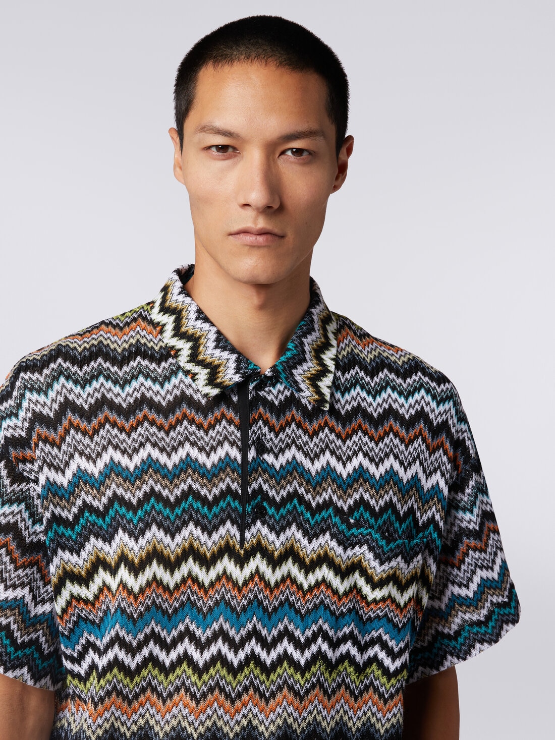 Polo shirt in zigzag cotton and viscose knit, Multicoloured  - TS24S201BR00UUSM9AX - 4