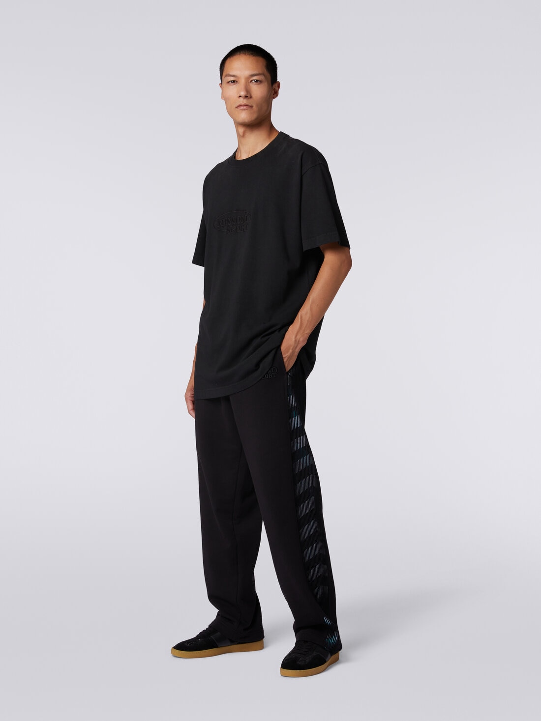 Trousers in fleece with logo and knitted side bands, Black    - TS24SI03BJ00INS91J4 - 2