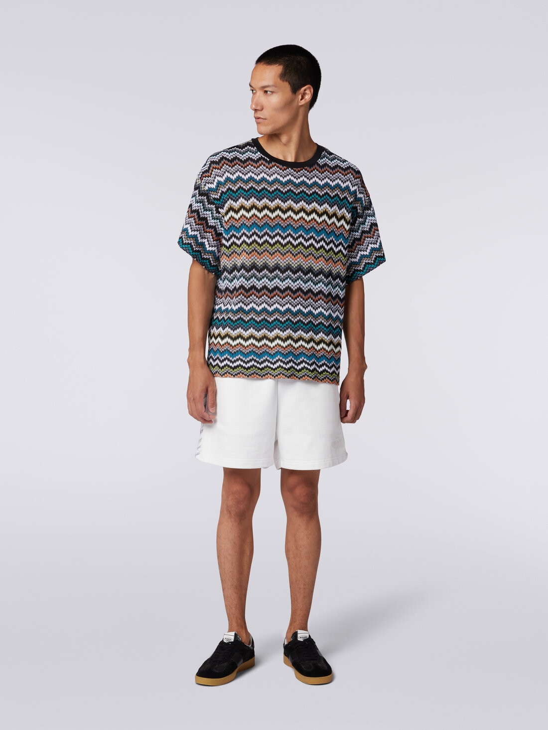 T-shirt girocollo in maglia di cotone zig zag, Multicolore  - TS24SL03BR00UUSM9AX - 1