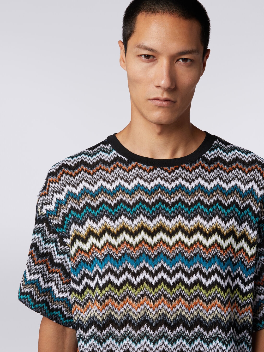 Crew-neck T-shirt in zigzag cotton knit, Multicoloured  - TS24SL03BR00UUSM9AX - 4