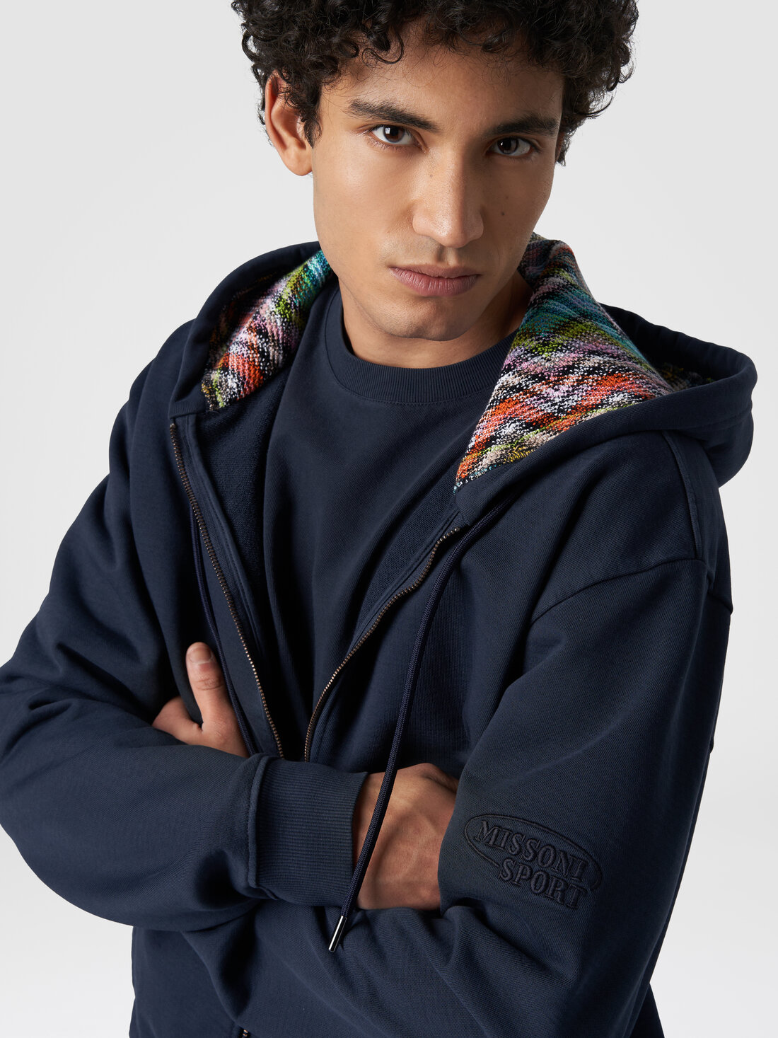 Cardigan in cotton fleece with knitted lined hood, Navy Blue  - TS24SW00BJ00H0S72EU - 4