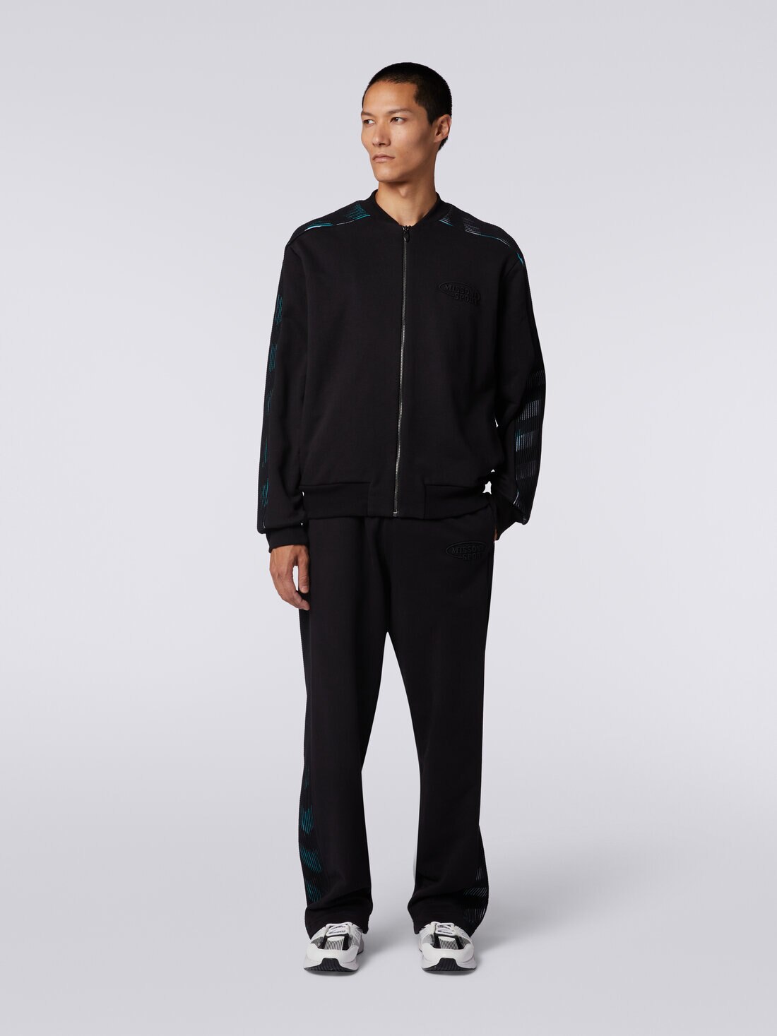 Cardigan in cotton fleece with zigzag knit details, Black    - TS24SW0BBJ00INS91J4 - 1