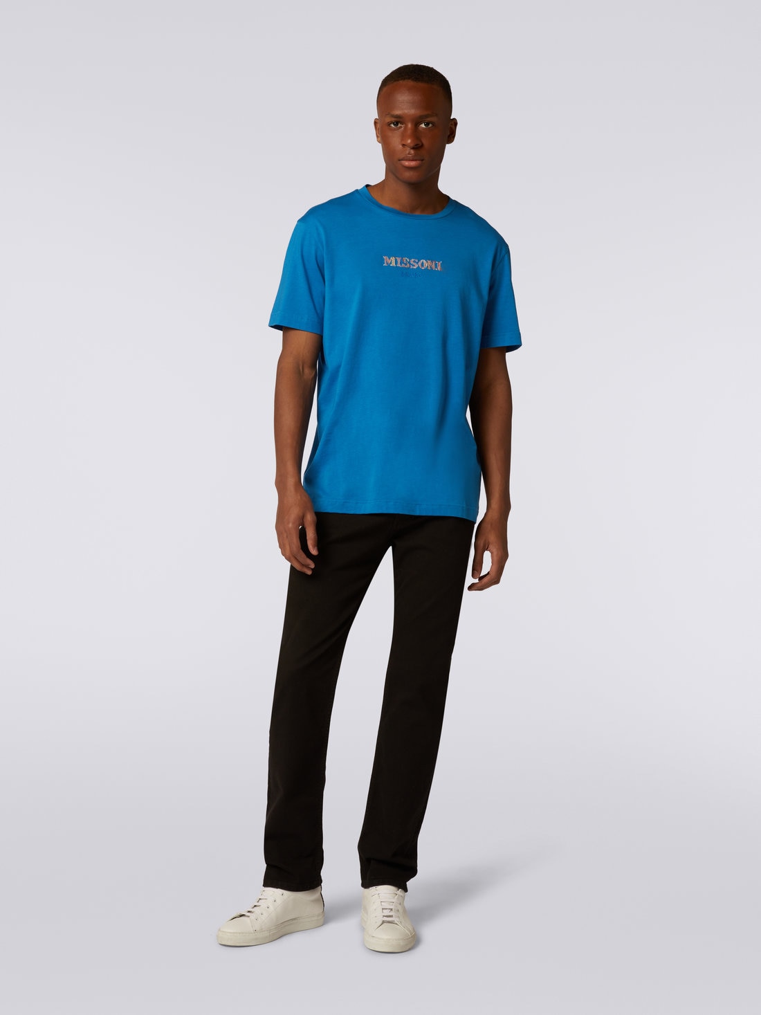 T-shirt en coton à col ras du cou avec logo brodé, Bleu - 8051575787287 - 1