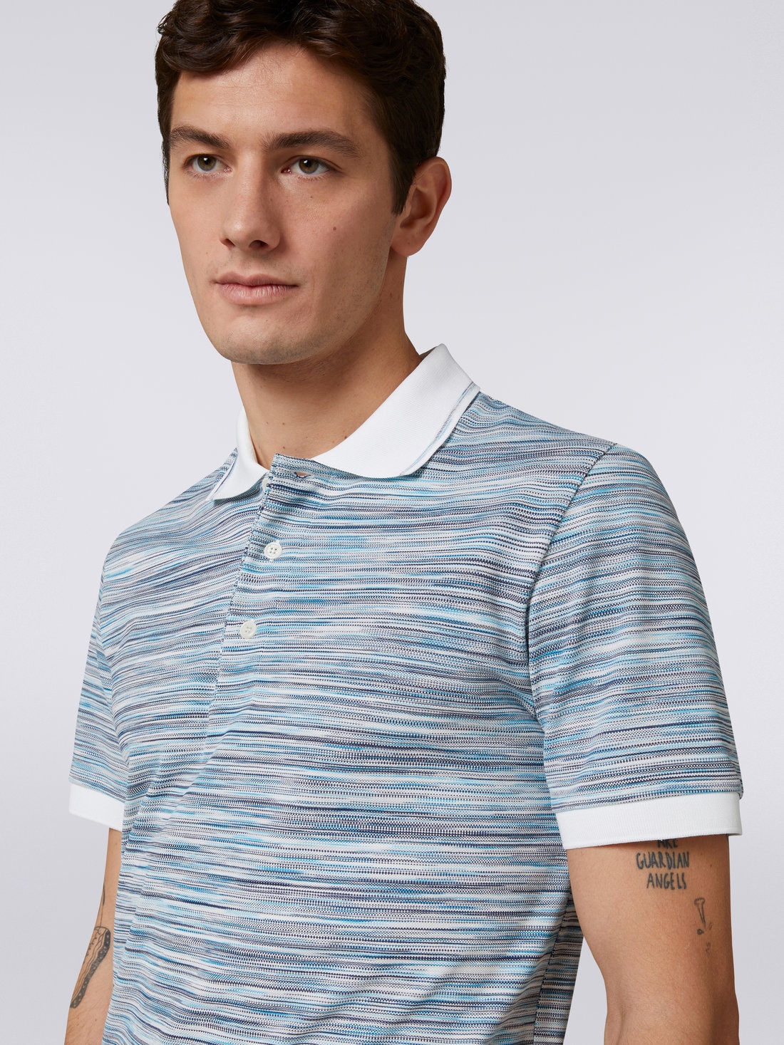 Slub cotton polo shirt with plain details, White & Sky Blue - 4