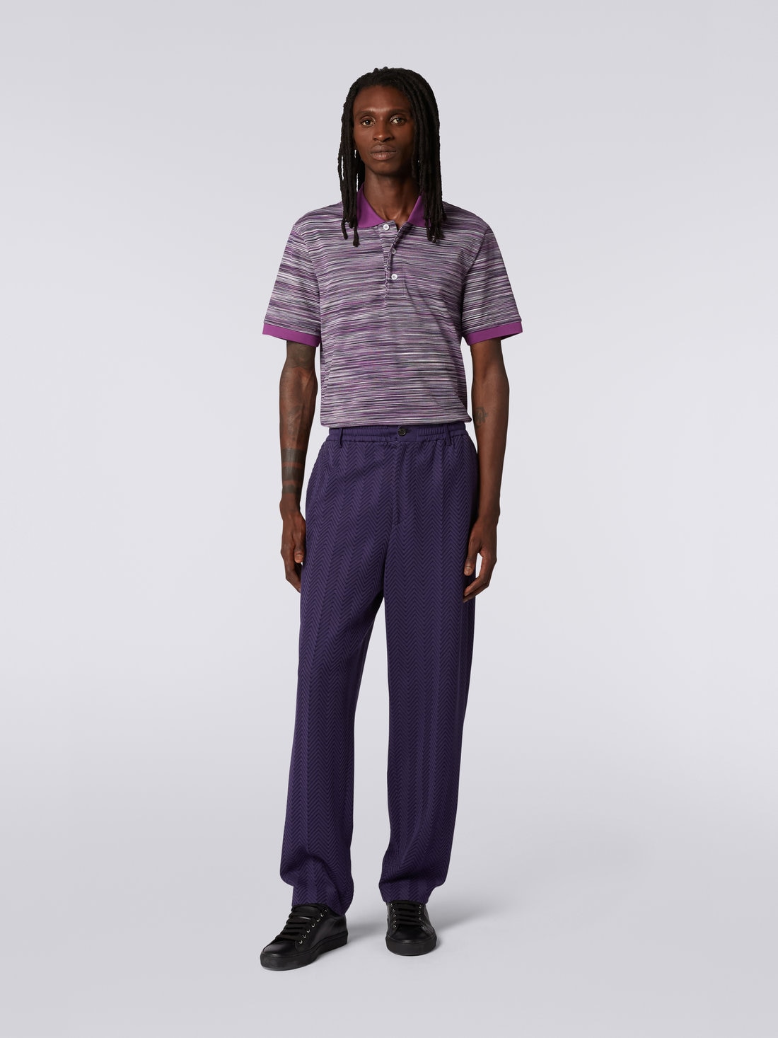 Slub cotton polo shirt with plain details, White, Black & Purple - UC22W201BJ001GF500P - 1