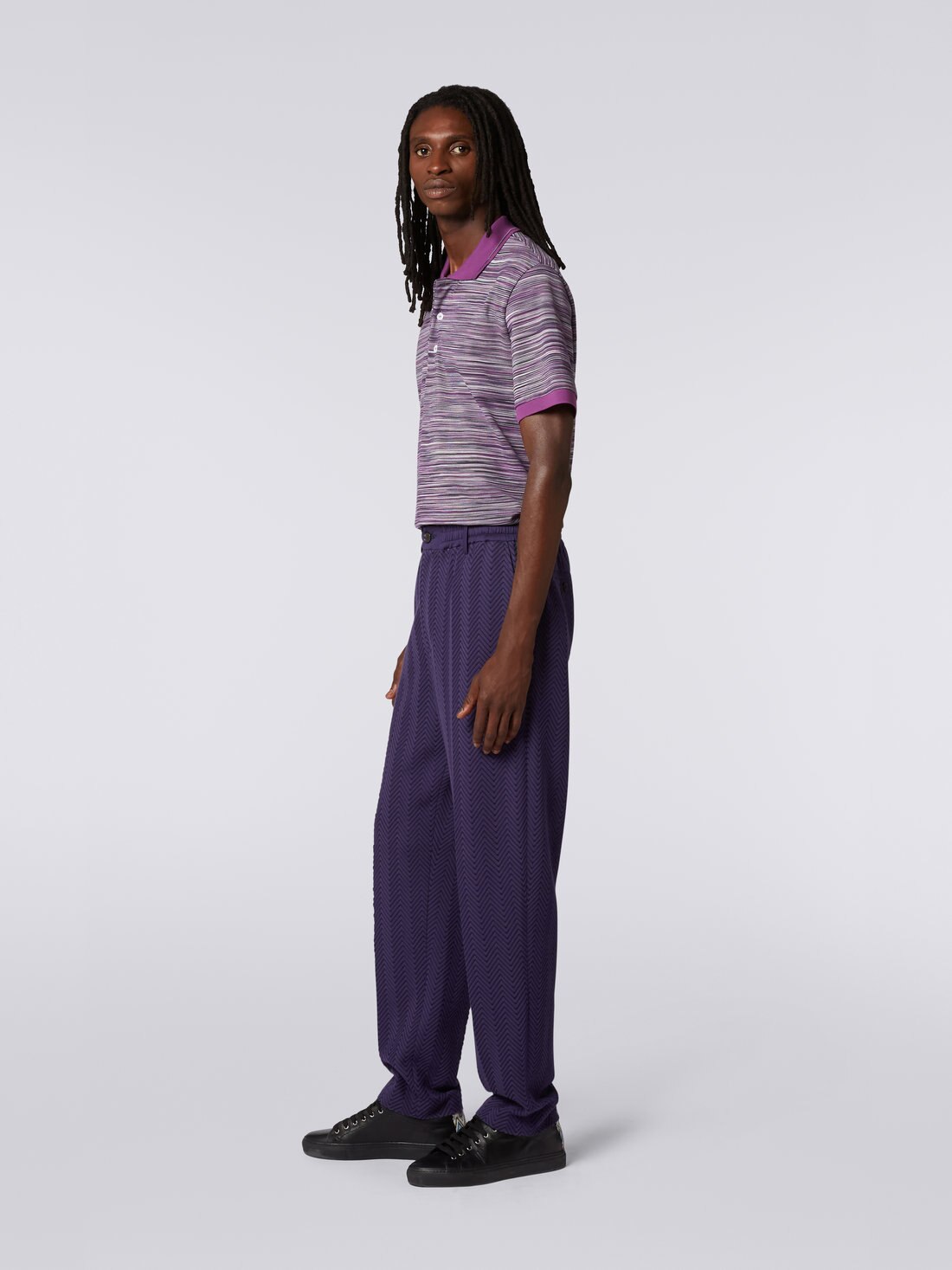 Slub cotton polo shirt with plain details, White, Black & Purple - UC22W201BJ001GF500P - 2