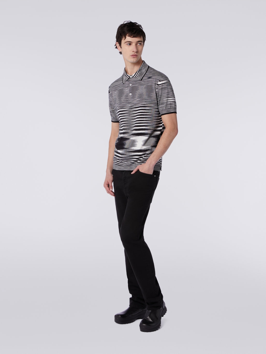 Slub cotton polo shirt, Black & White - UC22W204BK013BF9026 - 2