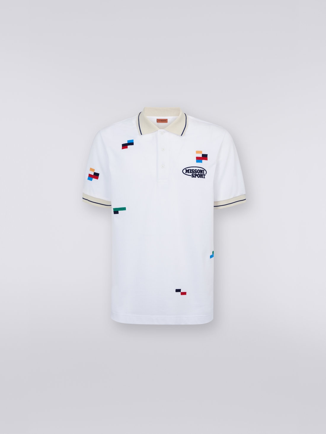 Short-sleeved polo shirt in cotton piqué with embroidered pixels, White & Multicoloured Heritage - UC23S202BJ00EFS017B - 0