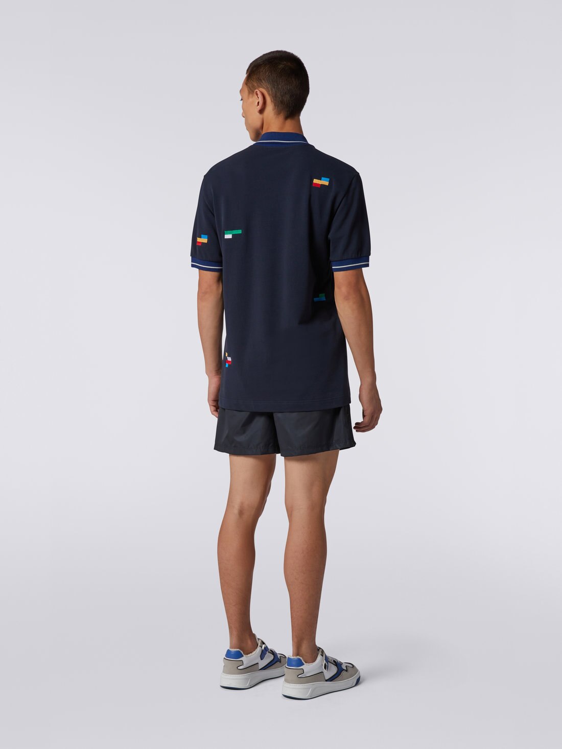 Short-sleeved polo shirt in cotton piqué with embroidered pixels, Navy Blue  - 3