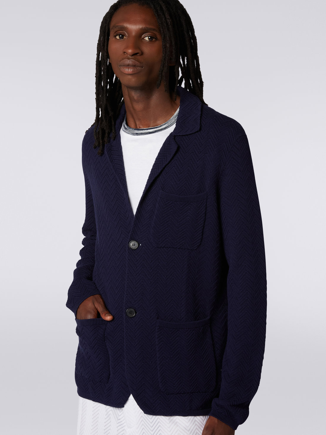 Blazer en tricot de coton et viscose, Bleu Foncé - UC23SF00BK023LS729R - 4