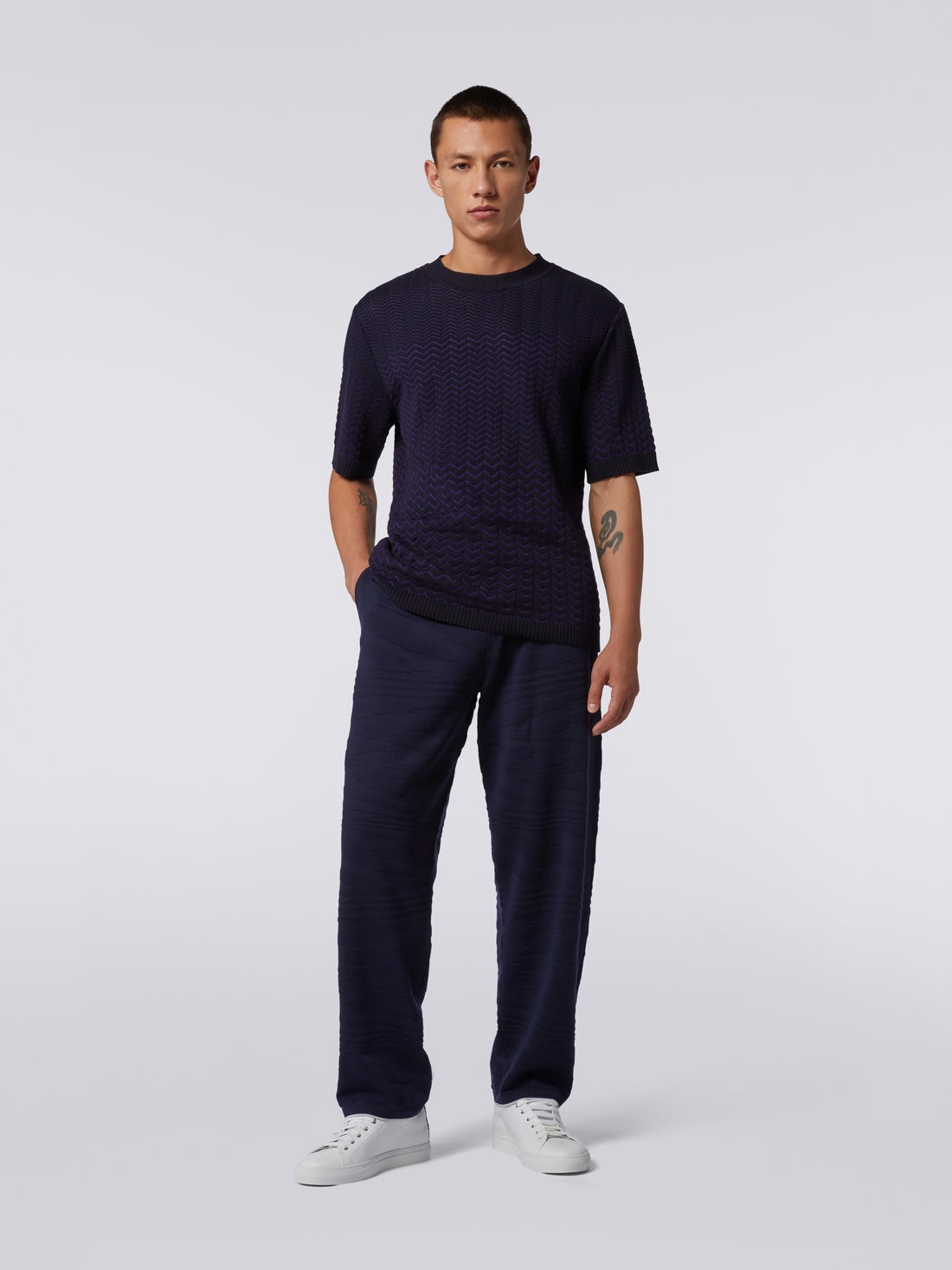 Wool and viscose embossed trousers, Navy Blue  - UC23SI00BK021ZS728P - 1