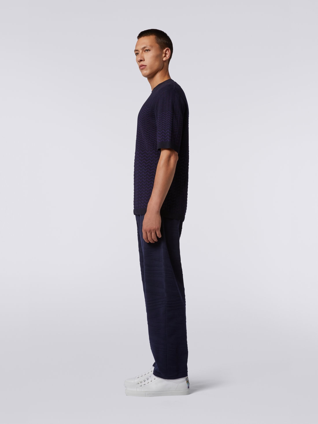 Wool and viscose embossed trousers, Navy Blue  - UC23SI00BK021ZS728P - 2