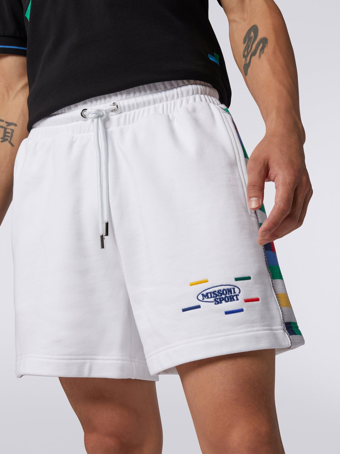Short en jersey de coton et viscose avec bandes tricotées, Blanc & Multicolore Heritage - 8051575717406 - 4