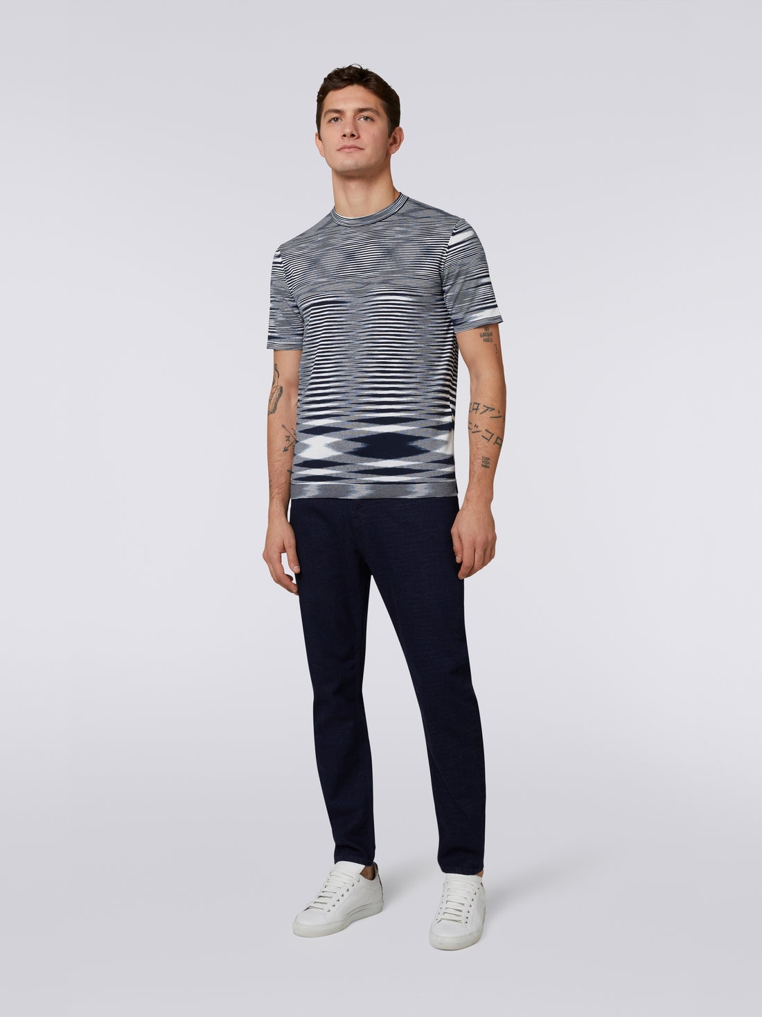 Tシャツ ラウンドネック コットン スラブモチーフ, ホワイト＆ネイビーブルー - UC23SL03BK013BF7050 - 1