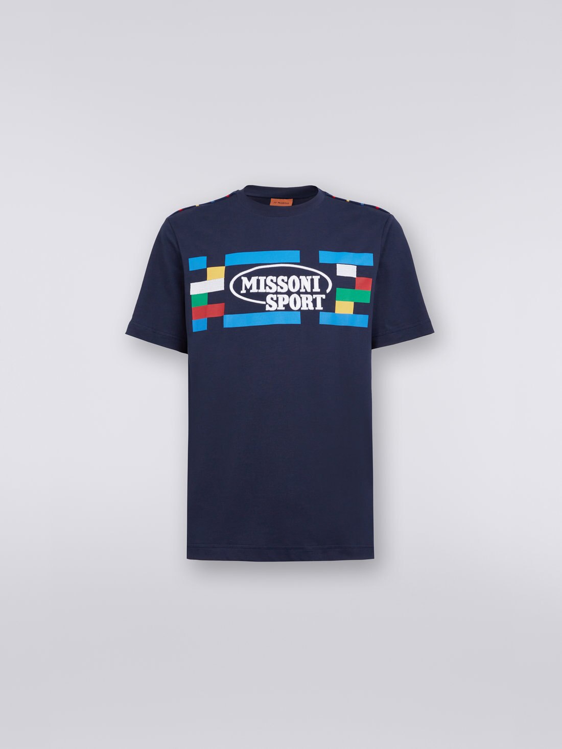 Crew-neck cotton T-shirt with embroidery print, Navy Blue  - 0