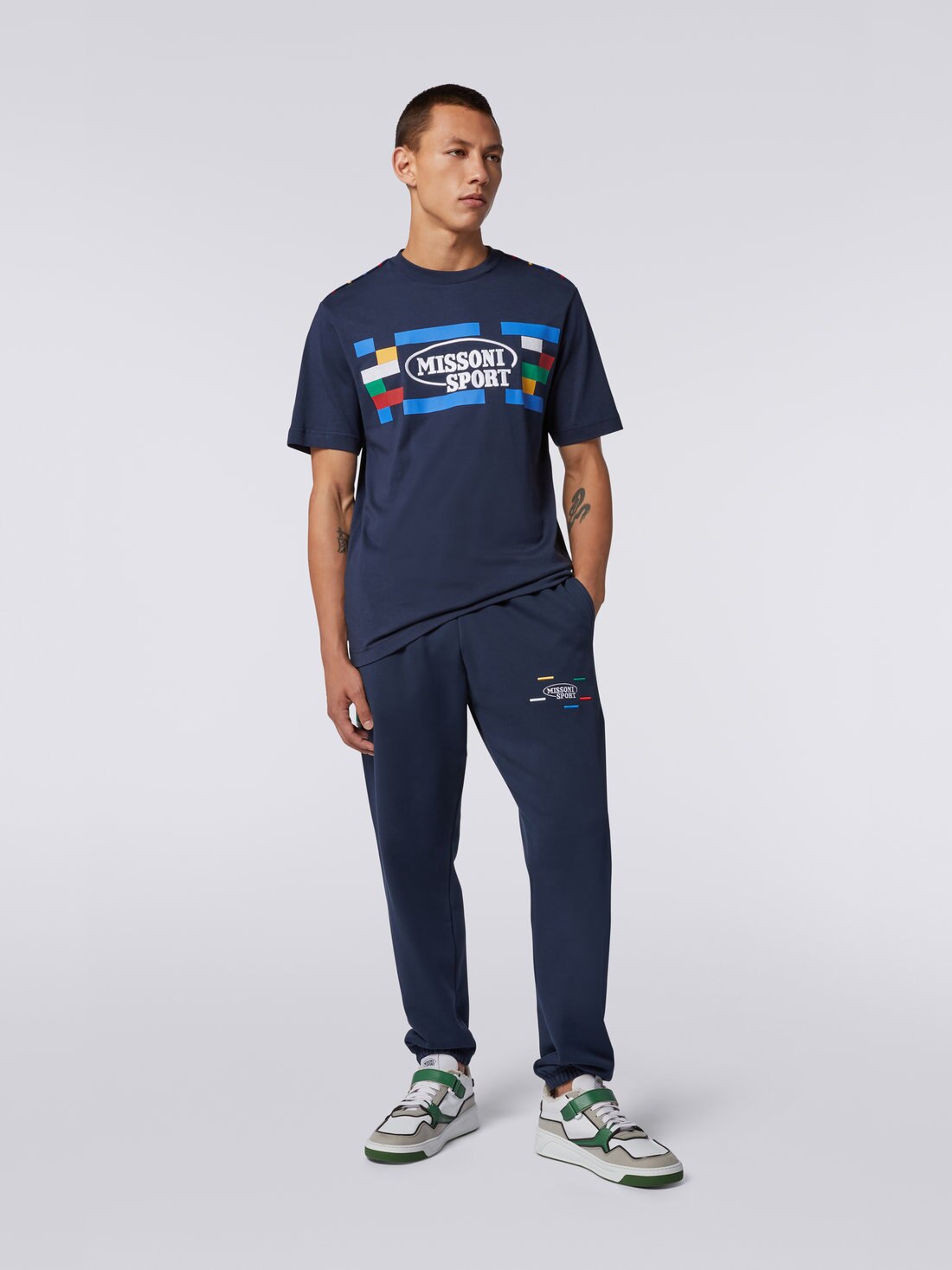 Tシャツ ラウンドネック コットン プリント＆エンブロイダリー入り, ネイビーブルー  - UC23SL04BJ00EBS729F - 1