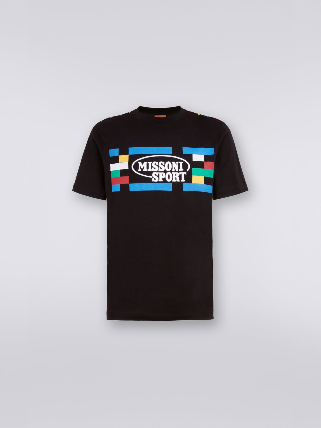 Crew-neck cotton T-shirt with embroidery print, Black & Multicoloured - 0