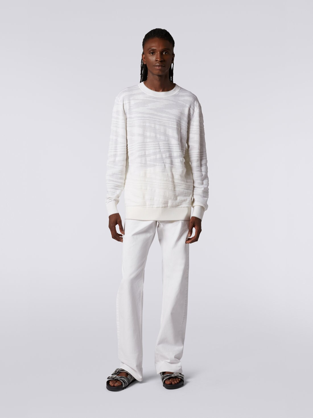 Pull à col rond en laine et viscose avec finition en relief, Blanc  - 8051575758300 - 1