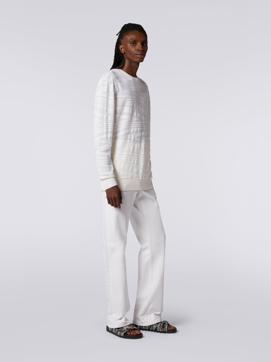 Pull à col rond en laine et viscose avec finition en relief, Blanc  - 8051575758300 - 2